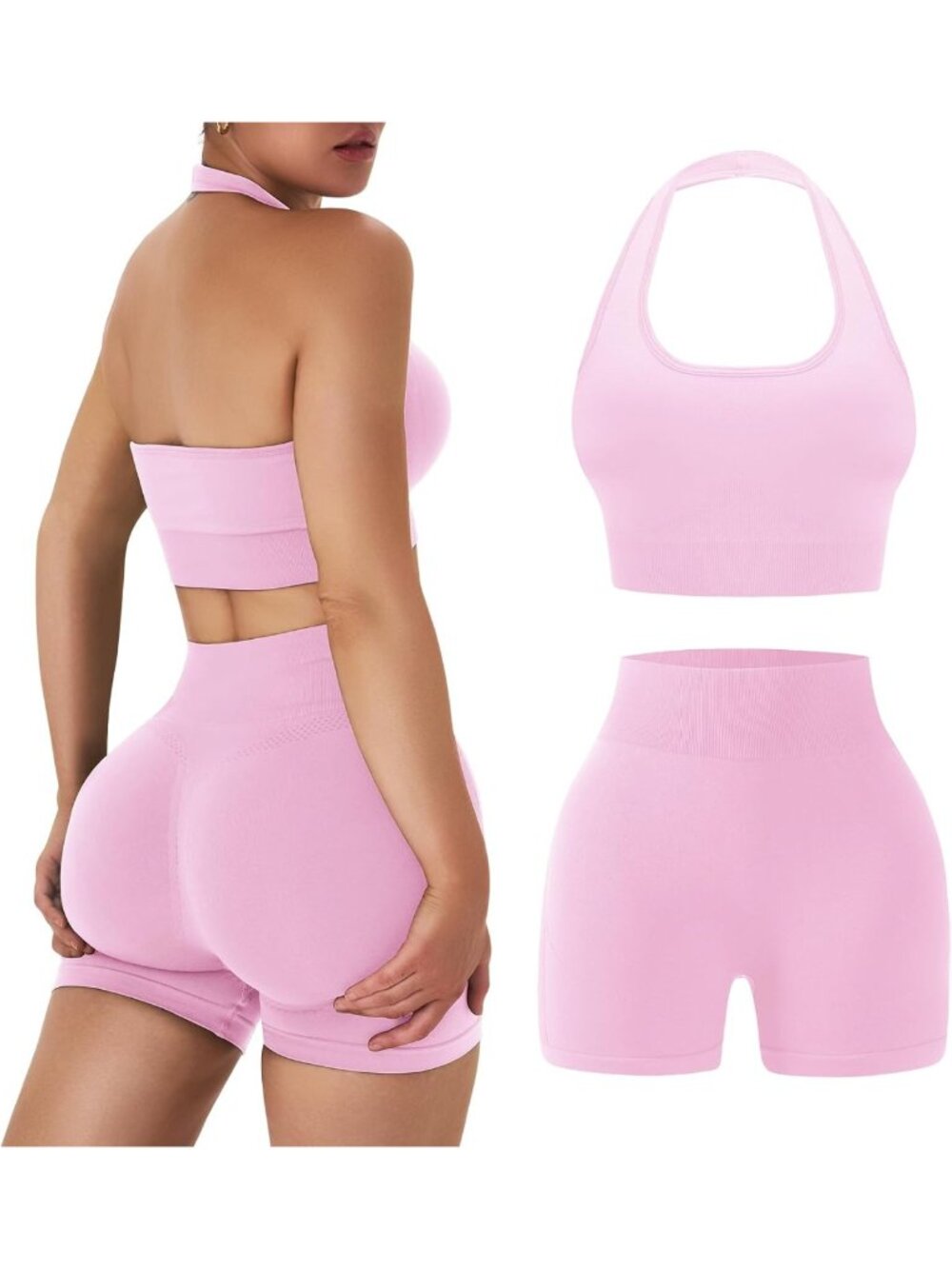 Stylish Women's 2-Piece Workout Set | Halter Sports Bra & Scrunch Butt Shorts